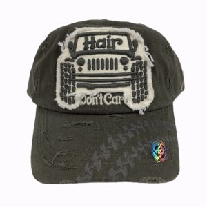 Off Road SUV Adventure Hair Don't Care Embroidered Distressed Style Green Cap Hat