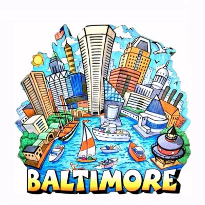 Baltimore Cartoon Skyline Refrigerator Die Cut Magnet