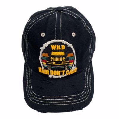 Off Road SUV Adventure Wild Hair Don't Care Embroidered Distressed Style Black Cap Hat