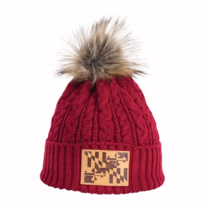 Maryland Flag Leather Patch Pom Red Beanie Cap Hat