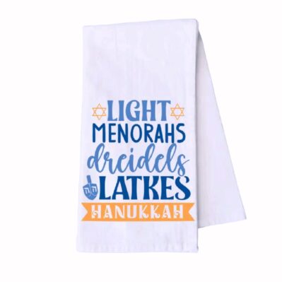 Hanukkah Light Menorahs, Dreidels, Latkes Hand and Kitchen Towel
