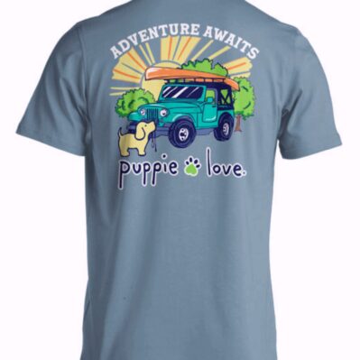 Puppie Love Dog Adventure Awaits Off-Road Camping Pup Short Sleeve T-Shirt