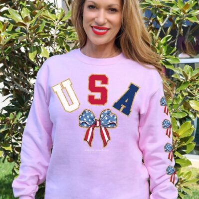 Simply Southern USA Patriotic Bow Tie Long Sleeve Crew Top Sweatshirt