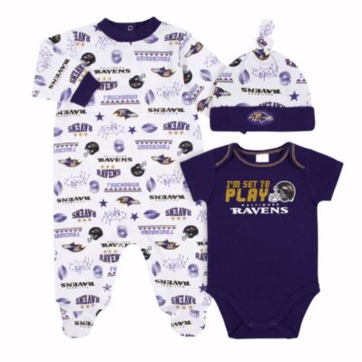 Baltimore Ravens Gerber 3-Piece Baby Infant Bodysuit, Sleep 'N Play & Cap Set