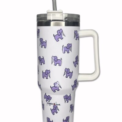 Puppie Love Dog 40 ounce White Purple Stainless Steel Travel Tumbler