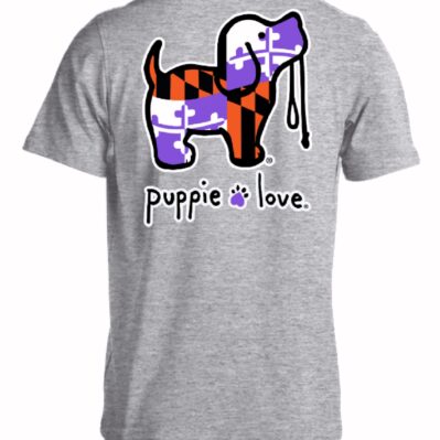 Puppie Love Dog Orange and Purple Sports Maryland Flag Short Sleeve T-Shirt