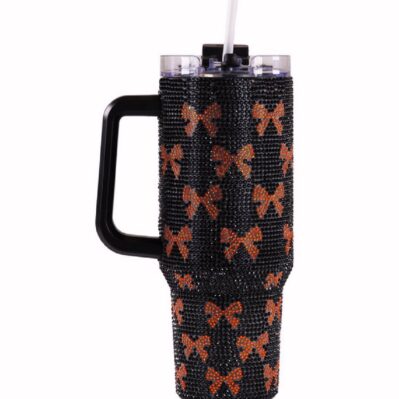 Simply Southern 30 oz Large Sequined Stainless Tumbler Travel Mug - Black Brown Bows