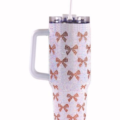 Simply Southern 30 oz Large Sequined Stainless Tumbler Travel Mug - White Brown Bows