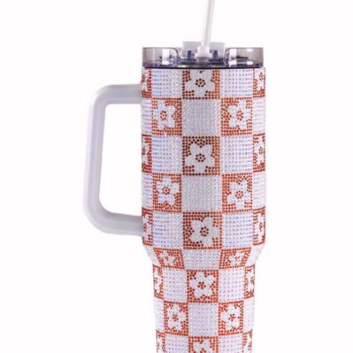 Simply Southern 30 oz Large Sequined Stainless Tumbler Travel Mug - Brown White Checkered