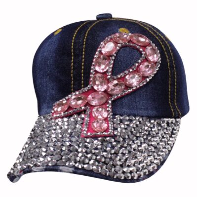 Denim Bling Rhinestone Pink Ribbon Cap Hat