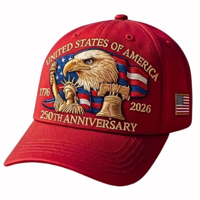 U.S.A. 250th Anniversary Eagle Statue of Liberty Bell Embroidered Red Cap Hat