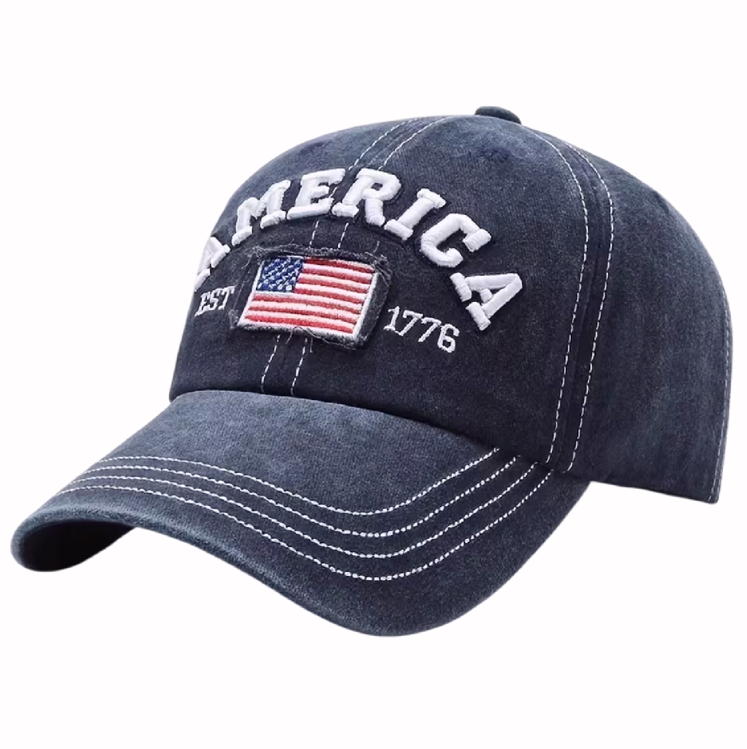 America Flag Established 1776 Embroidered Brushed Blue Patriotic Cap Hat