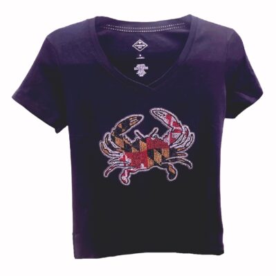 Maryland Flag Crab Rhinestone Woman's V-Neck Short Sleeve Sleeve T-Shirt