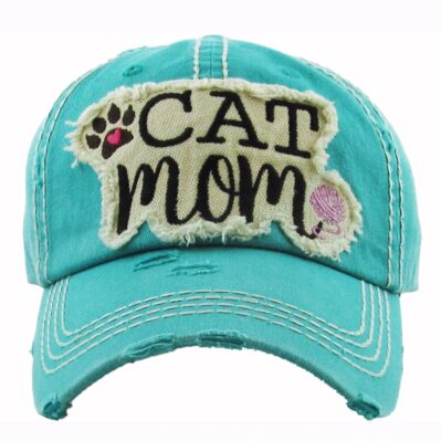 Cat Mom Distressed Aqua Green Cap Hat