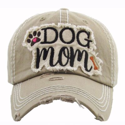 Dog Mom Distressed Khaki Tan Cap Hat