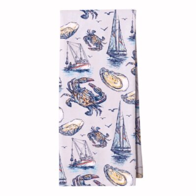 Watercolor Crabs Oysters and Crabbers Kitchen Towel